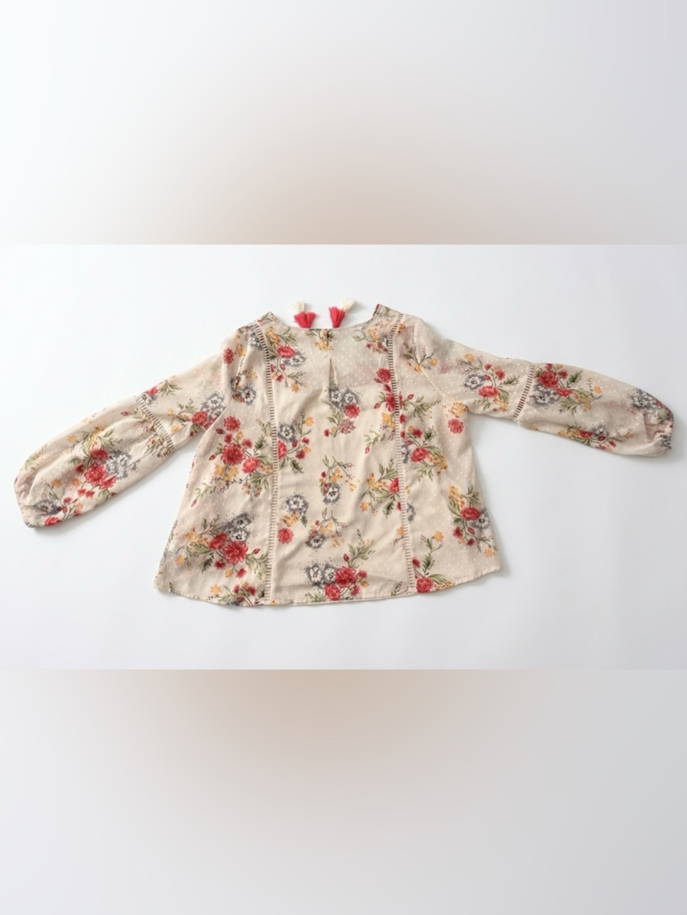 Time and Tru Ivory Floral Tie-Front Peasant Blouse with Red Tassels - Picture 7 of 10